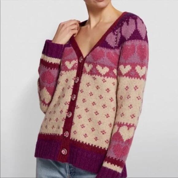LoveShackFancy Deena Cardigan Sweater Prune heart flower wool alpaca size small - Picture 14 of 14